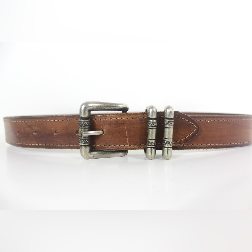 Vintage Thick Tan Brown Leather Belt with Silver Buckle